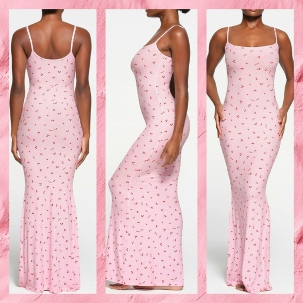 SKIMS Soft Lounge Long Slip Dress Cherry Print Pink S